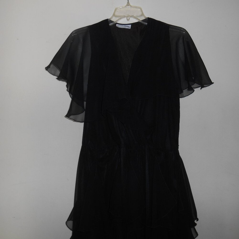 Black cocktail dress,size 10, ruffle detail; spring/summer appropriate